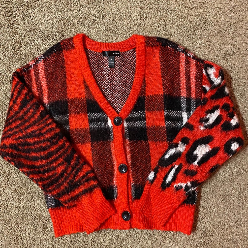 Aqua Plaid & Animal Print contrast V-Neck Cardigan